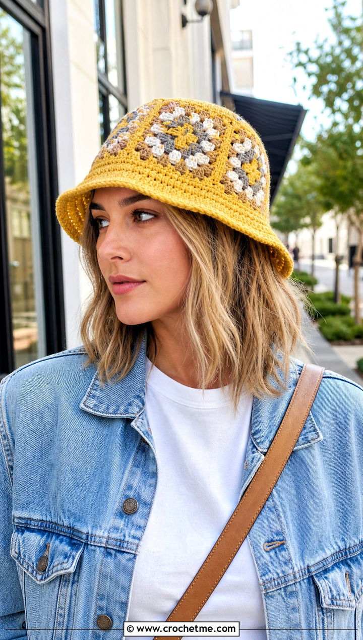 Classic Granny Square Bucket Hat With Jeans And T Shirt - 30 crochet square hat outfit ideas