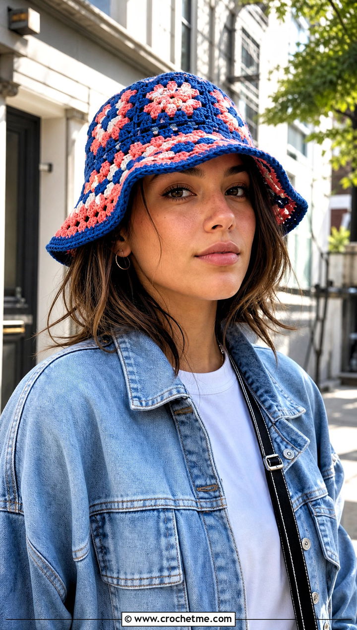 Classic Granny Square Bucket Hat With Jeans - 15 Crochet Granny Square Bucket Hat outfit ideas