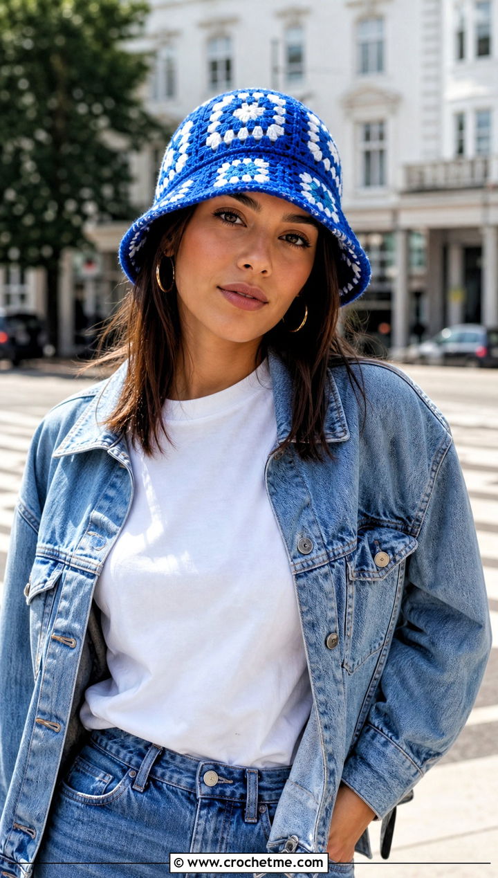 Classic Granny Square Bucket Hat With White Tee And Jeans - 25 granny crochet bucket hat outfit ideas