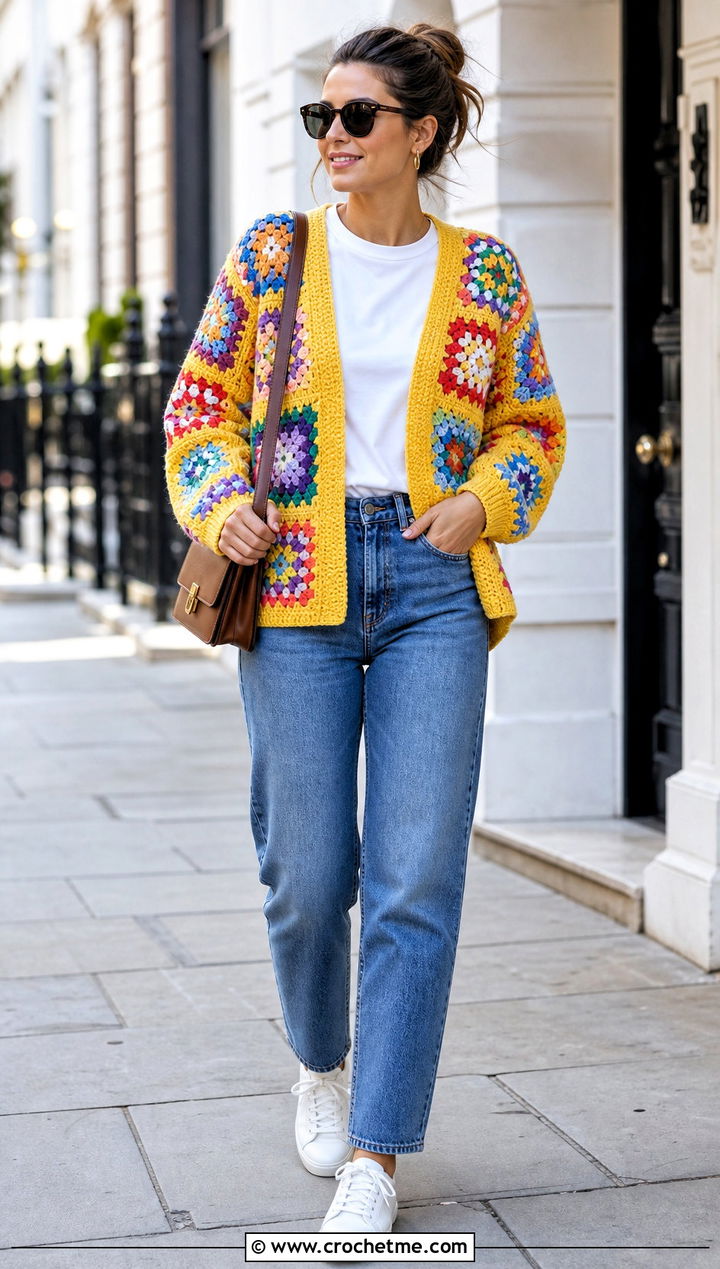 Classic Granny Square Cardigan With Straight Leg Jeans - 35 Granny Square Outfit ideas