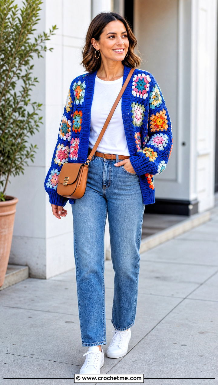 Classic Granny Square Cardigan With Straight Leg Jeans - 25 One Granny Square Cardigan outfit ideas