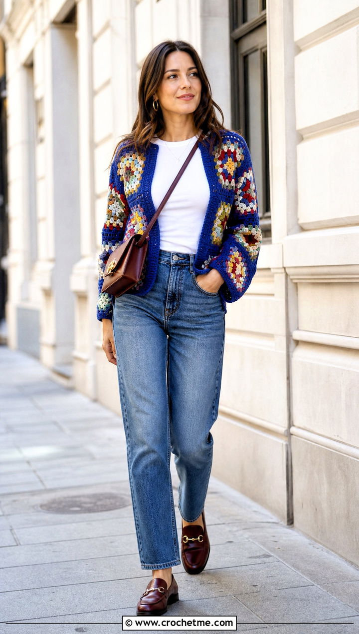 Classic Granny Square Cardigan With Straight Leg Jeans - 15 Granny Square Cardigan Sweaters & Cardigans outfit ideas