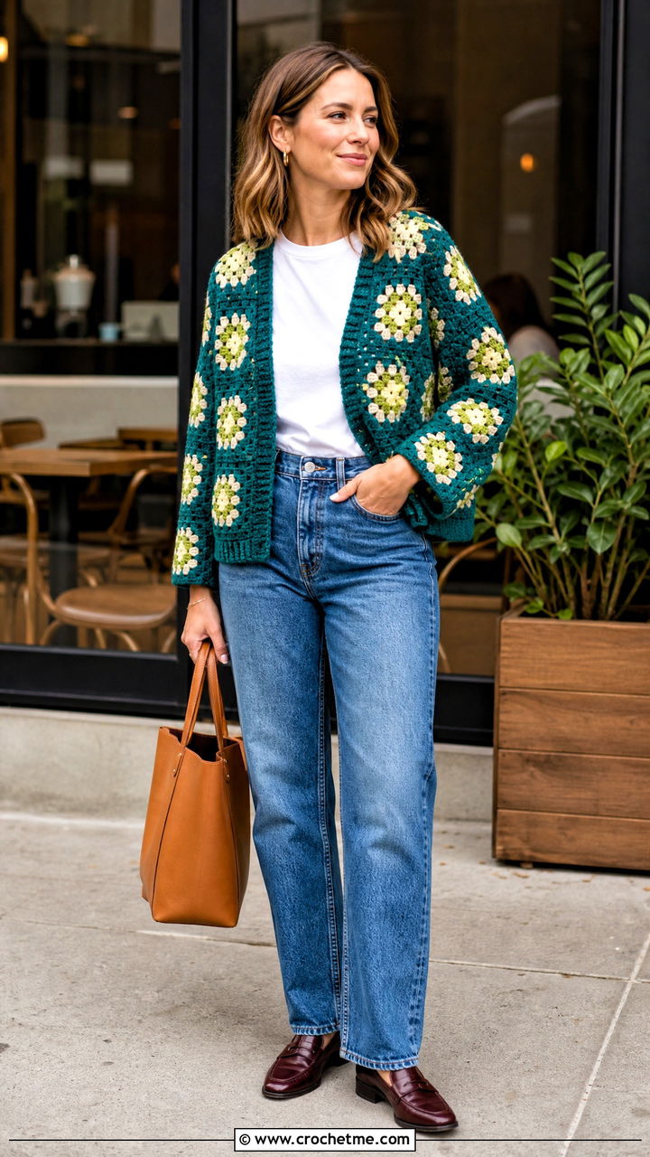Classic Granny Square Cardigan With Straight Leg Jeans - 35 crochet granny cardigan outfit ideas