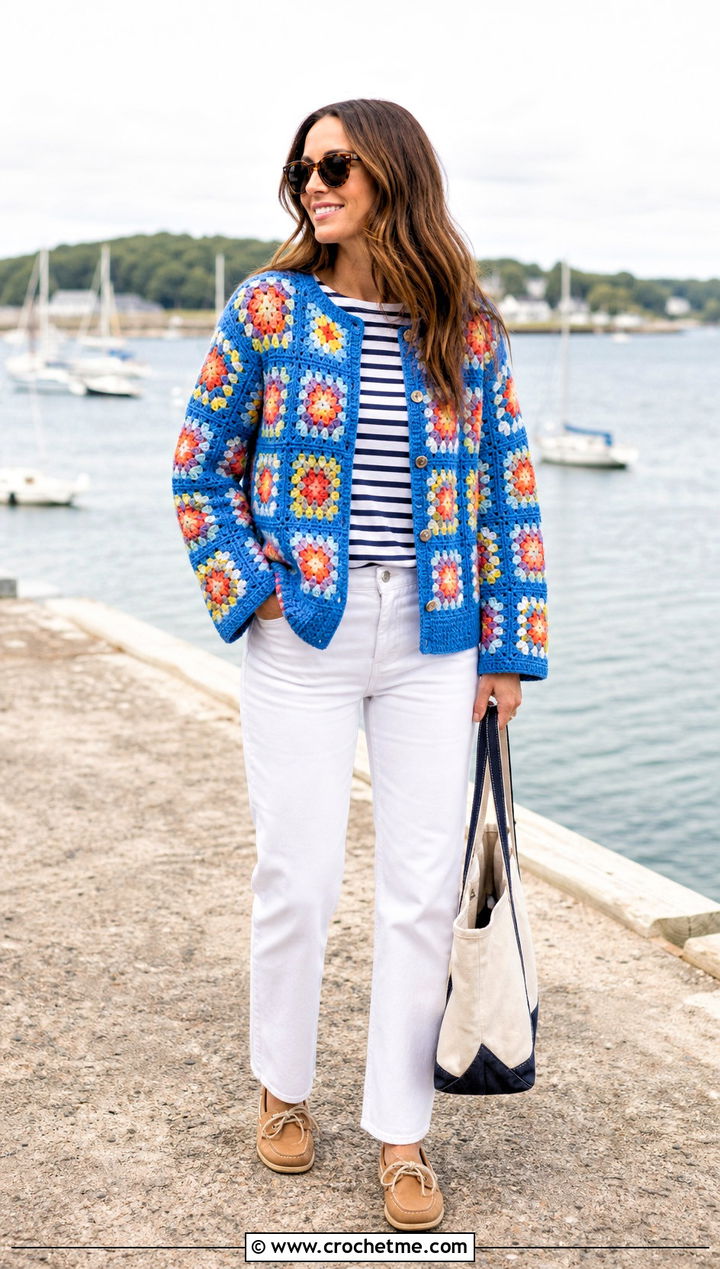 Classic Granny Square Cardigan With White Jeans - 15 Everyday Granny Square Cardigan outfit ideas