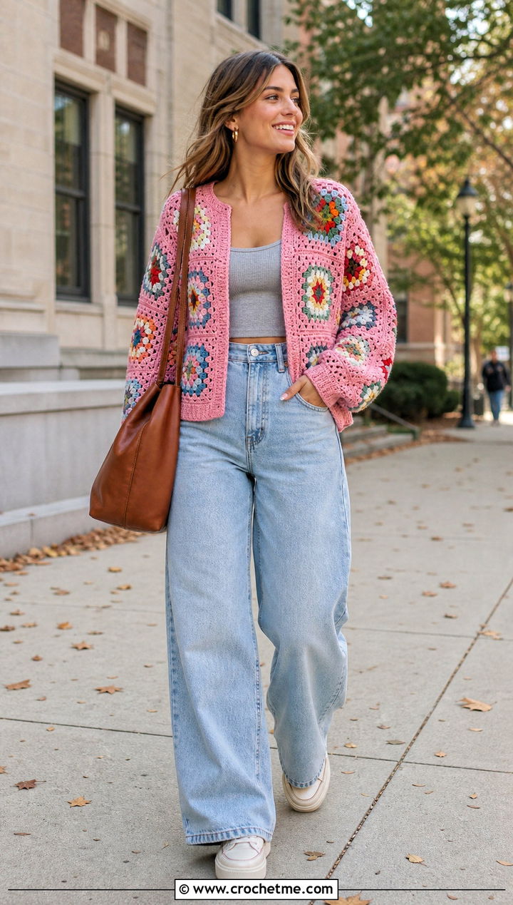 Classic Granny Square Cardigan With Wide Leg Jeans - 20 Crochet Fall Granny Square Cardigan outfit ideas