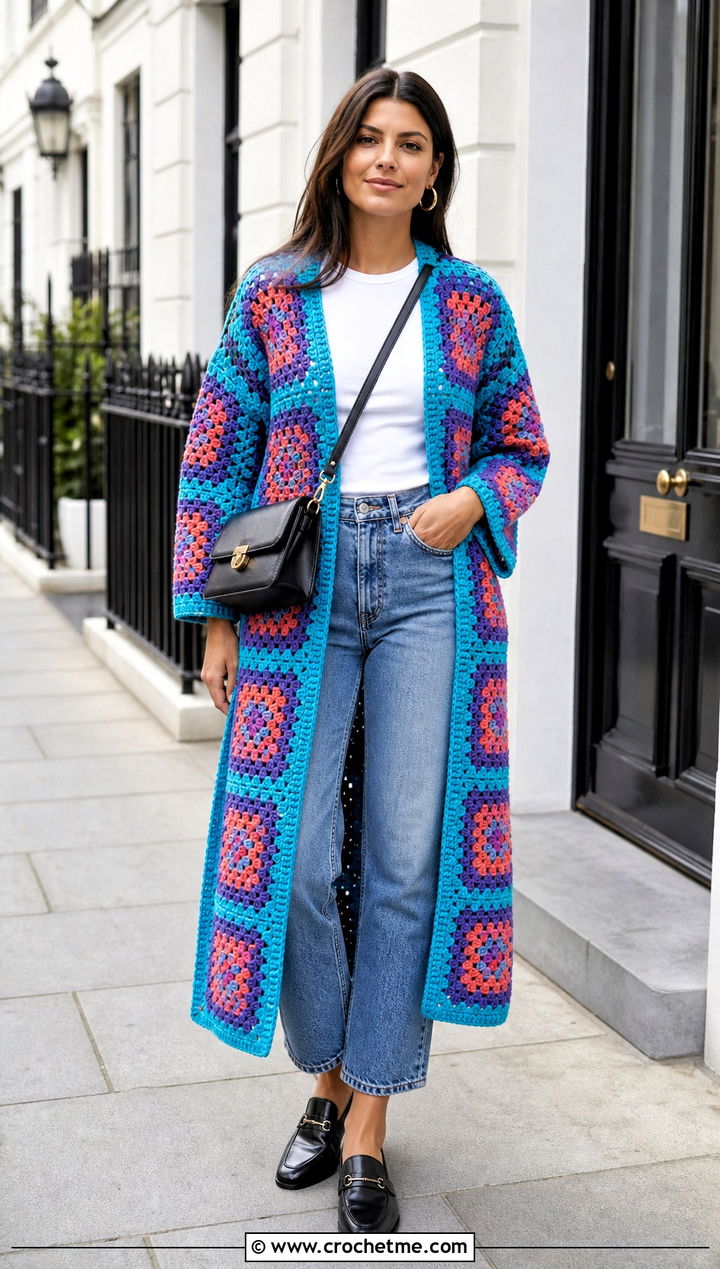 Classic Granny Square Coat With Straight Leg Jeans - 30 crochet granny square coat outfit ideas