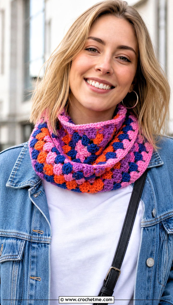 Classic Granny Square Cowl With Denim Jacket - 25 Granny Square Cowl outfit ideas