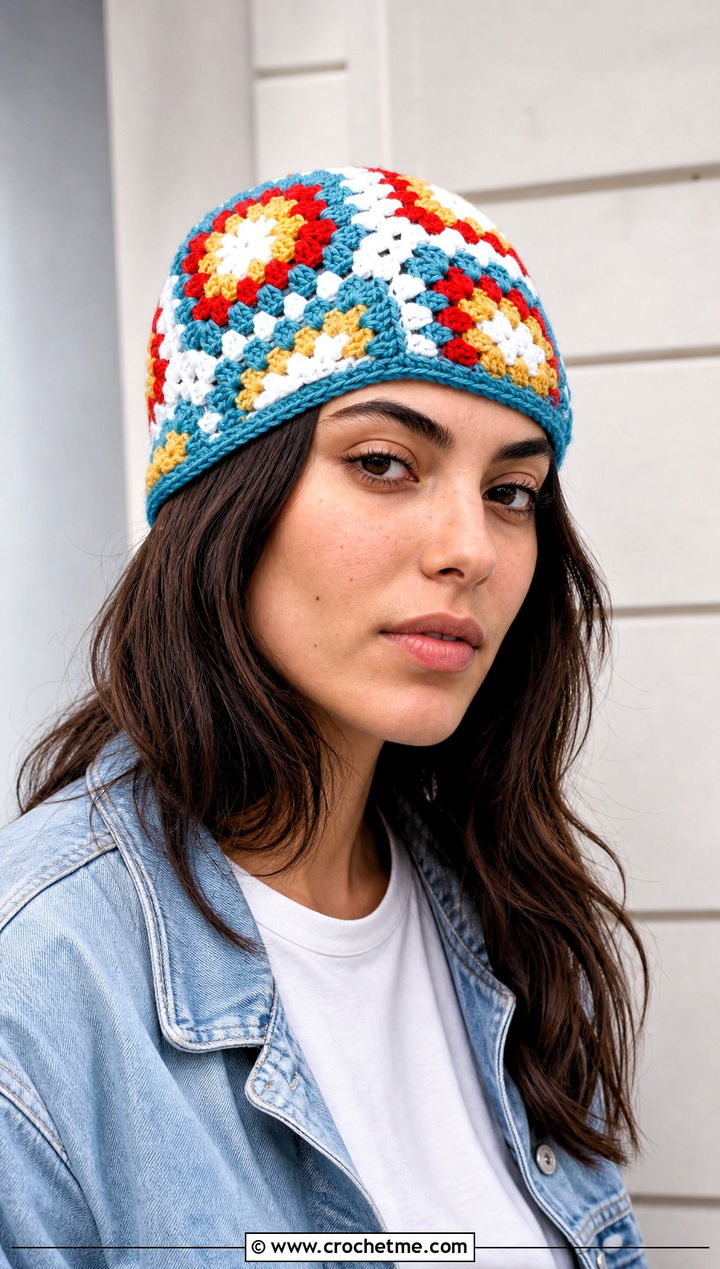 Classic Granny Square Crochet Beanie With White Tee And Jeans - 30 granny square crochet beanie outfit ideas