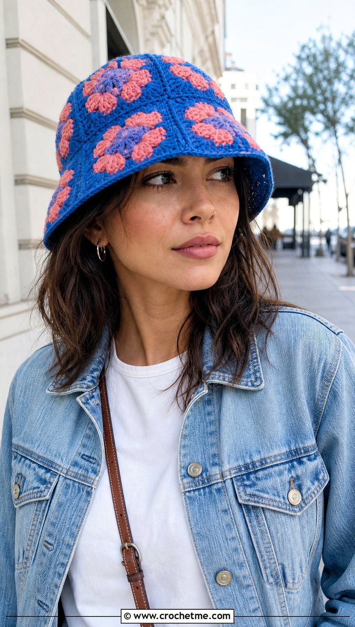 Classic Granny Square Crochet Bucket Hat With White Tee And Jeans - 35 granny square crochet bucket hat outfit ideas