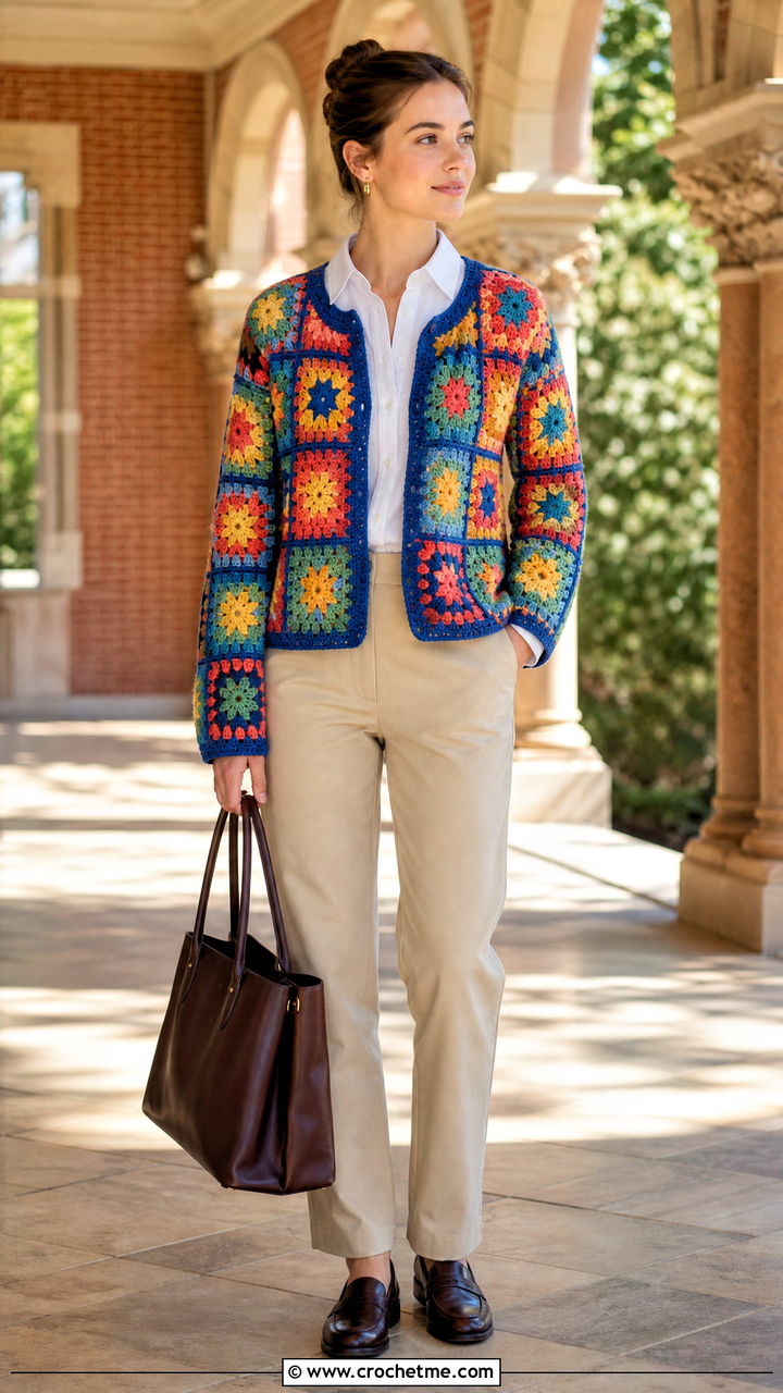 Classic Granny Square Crochet Cardigan With Chinos - 35 granny square crochet cardigan outfit ideas