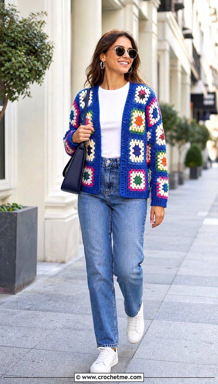 Classic Granny Square Crochet Cardigan With Straight Leg Jeans - 25 Crochet Cardigan From Square outfit ideas