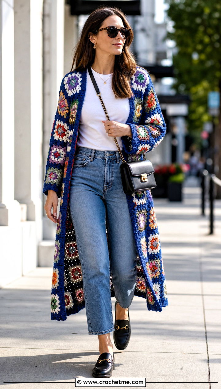 Classic Granny Square Crochet Duster With Straight Leg Jeans - 15 Granny Square Crochet Duster outfit ideas