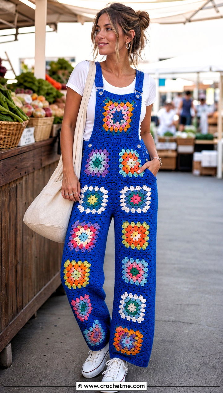 Classic Granny Square Crochet Overalls With White T Shirt - 20 Granny Square Crochet Overalls outfit ideas