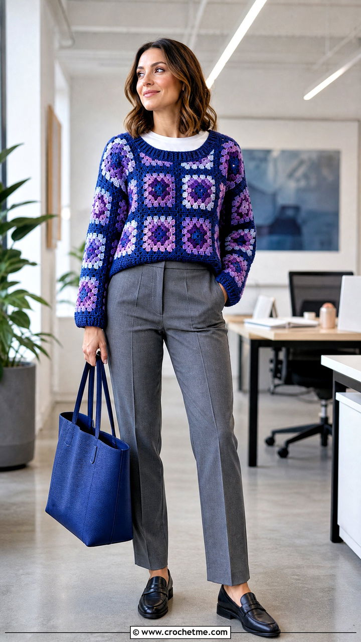 Classic Granny Square Crochet Pullover With Suit Trousers - 35 granny square crochet sweater outfit ideas