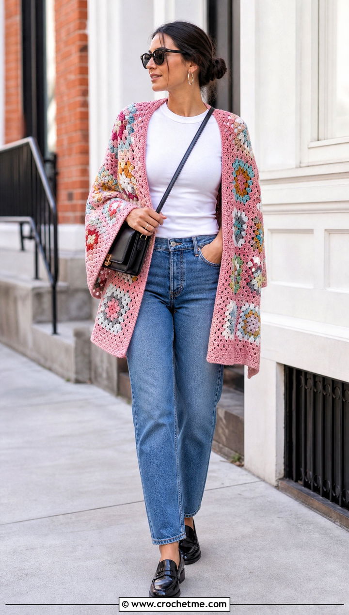 Classic Granny Square Crochet Shawl With Straight Leg Jeans - 25 Square Crochet Shawl outfit ideas
