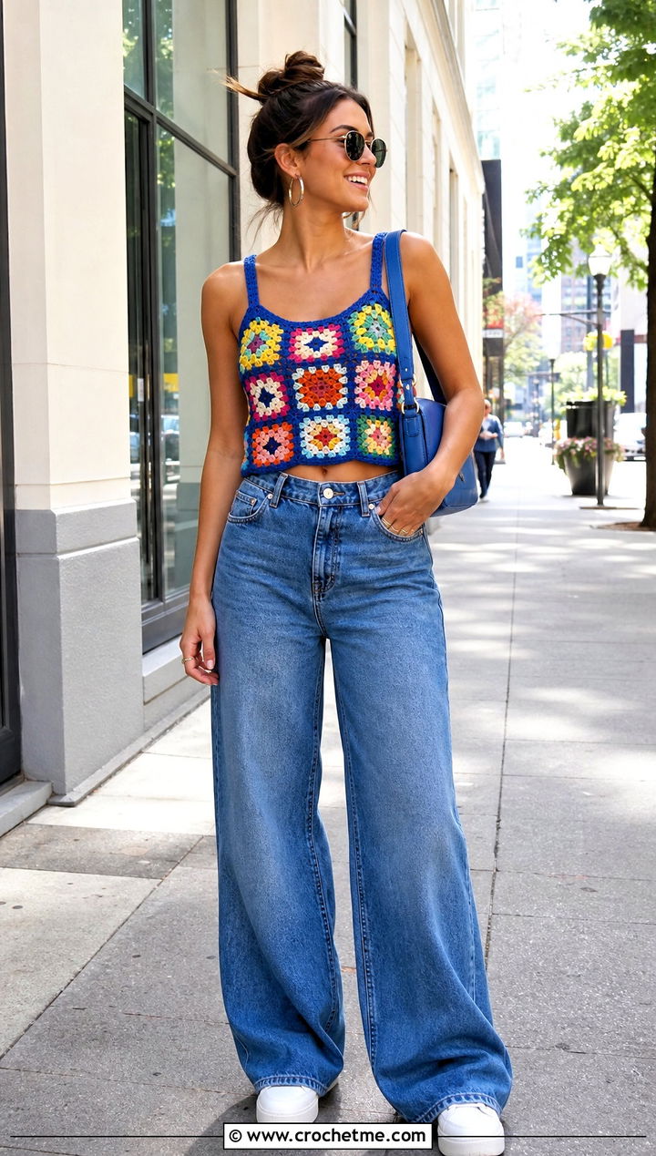 Classic Granny Square Crop Top With Wide Leg Jeans - 30 granny square crop top outfit ideas