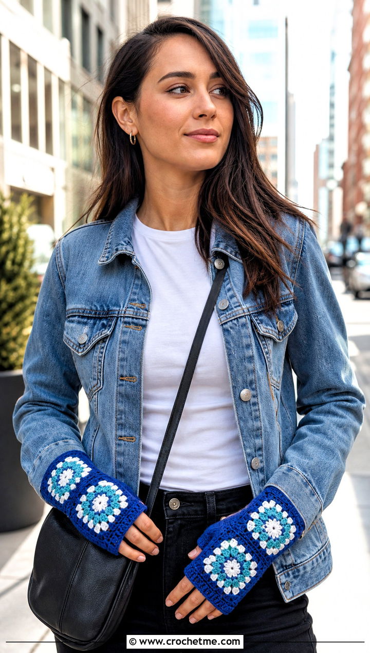 Classic Granny Square Fingerless Gloves With Denim Jacket - 30 crochet granny square fingerless gloves outfit ideas