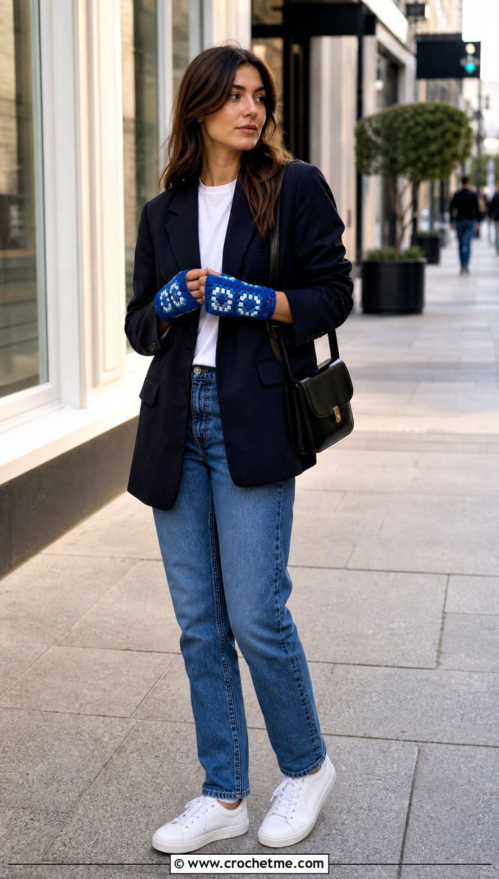 Classic Granny Square Fingerless Gloves With Jeans And Blazer - 35 granny square fingerless gloves outfit ideas