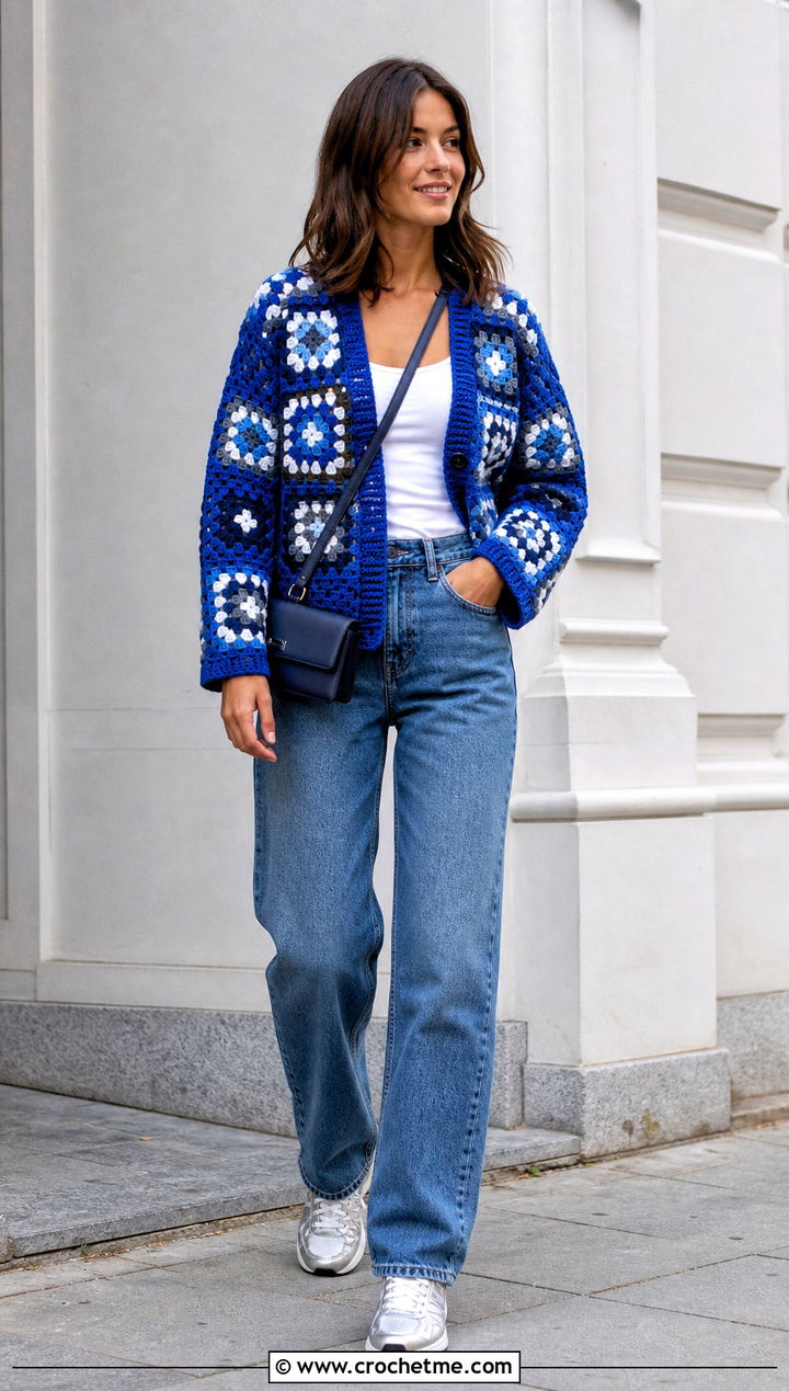 Classic Granny Square Jumper With Straight Leg Jeans - 25 Crochet Granny Jumper outfit ideas