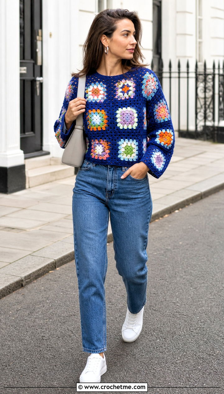 Classic Granny Square Jumper With Straight Leg Jeans - 30 crochet square jumper outfit ideas
