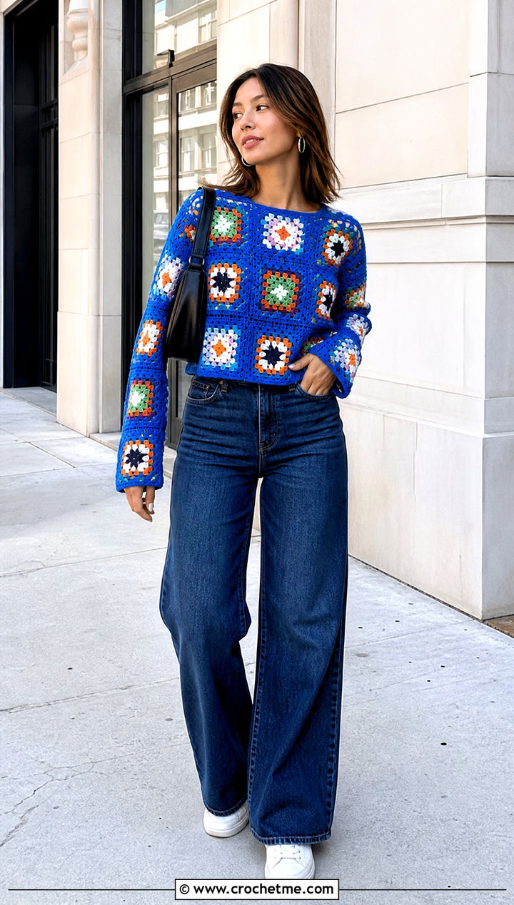 Classic Granny Square Long Sleeve Top With Wide Leg Jeans - 20 Granny Square Long Sleeve Top outfit ideas