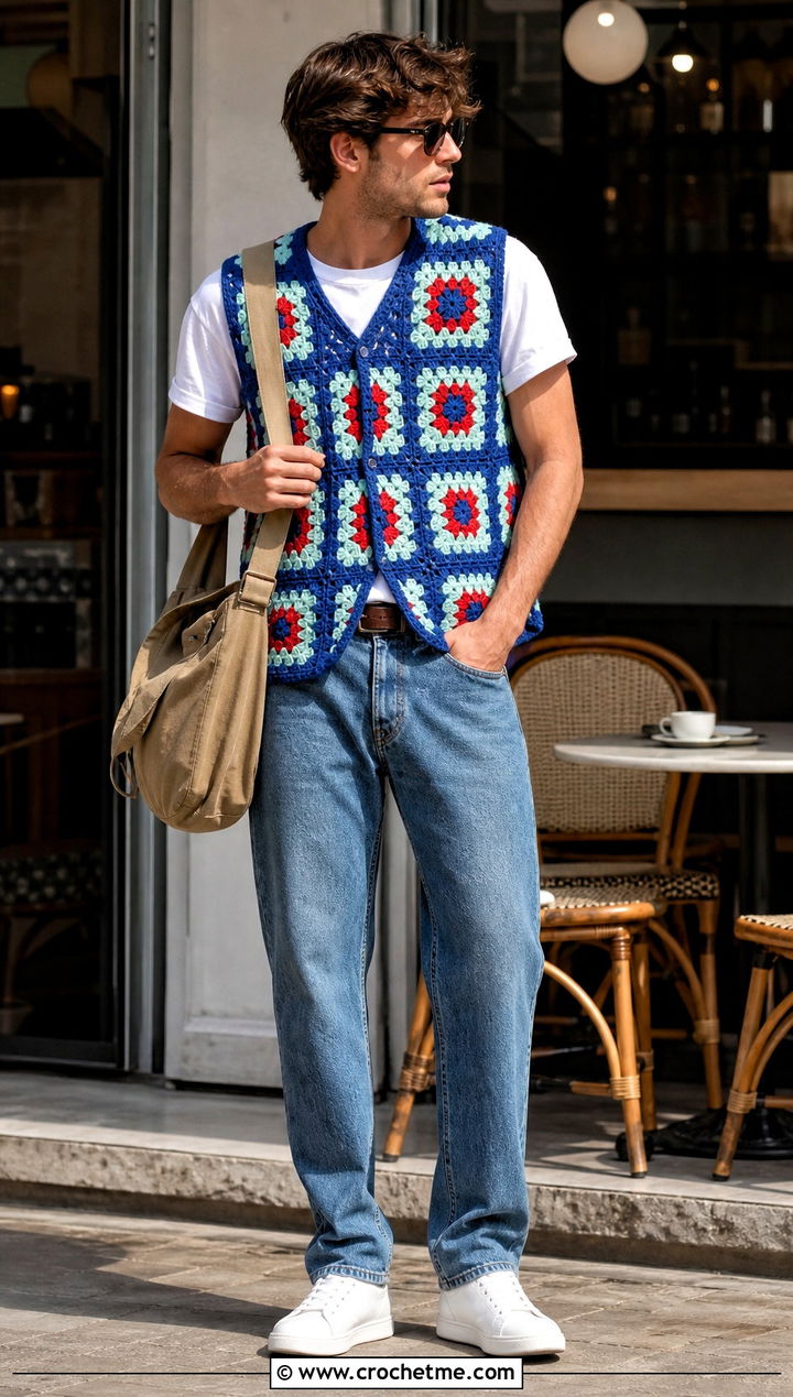 Classic Granny Square Mens Vest With White Tee And Jeans - 25 crochet granny square mens vest outfit ideas