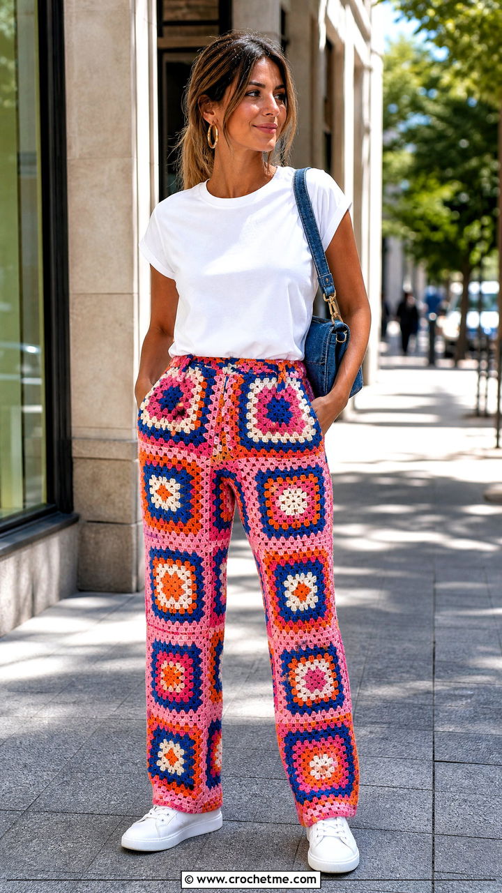 Classic Granny Square Pants With White T Shirt And Sneakers - 35 crochet granny square pants outfit ideas