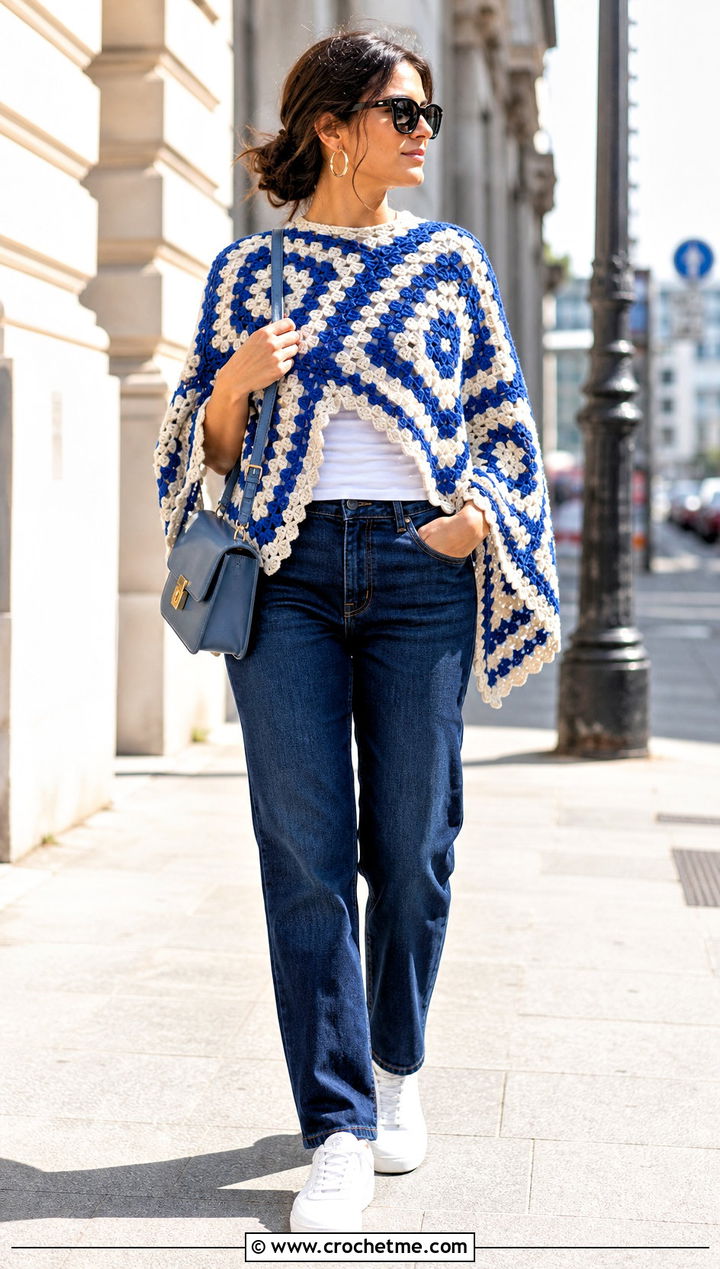 Classic Granny Square Poncho With Straight Leg Jeans - 35 granny square poncho outfit ideas