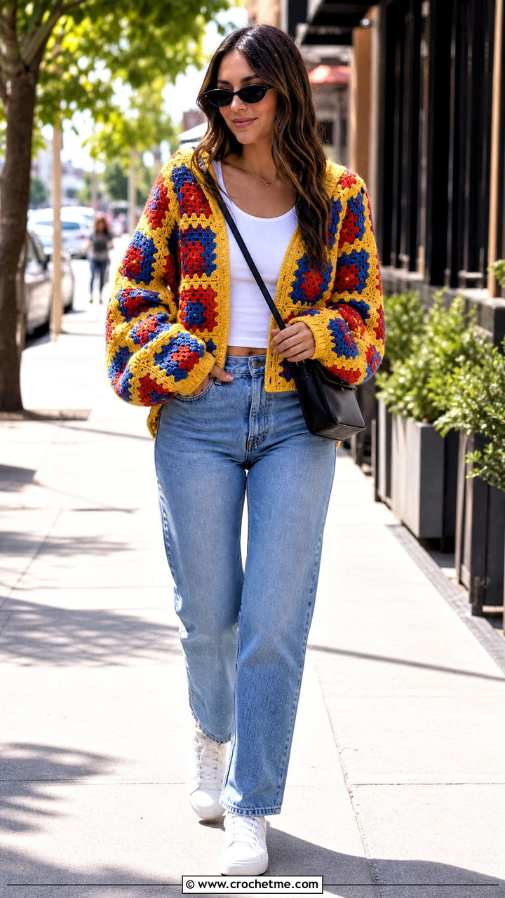 Classic Granny Square Pullover Hoodie With Straight Leg Jeans - 35 granny square hoodie outfit ideas