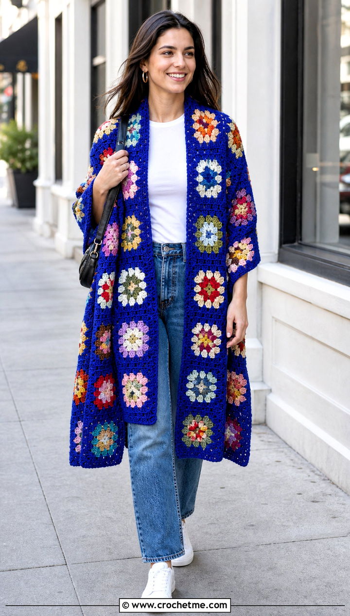 Classic Granny Square Rectangular Wrap With Straight Jeans - 30 granny square wrap outfit ideas