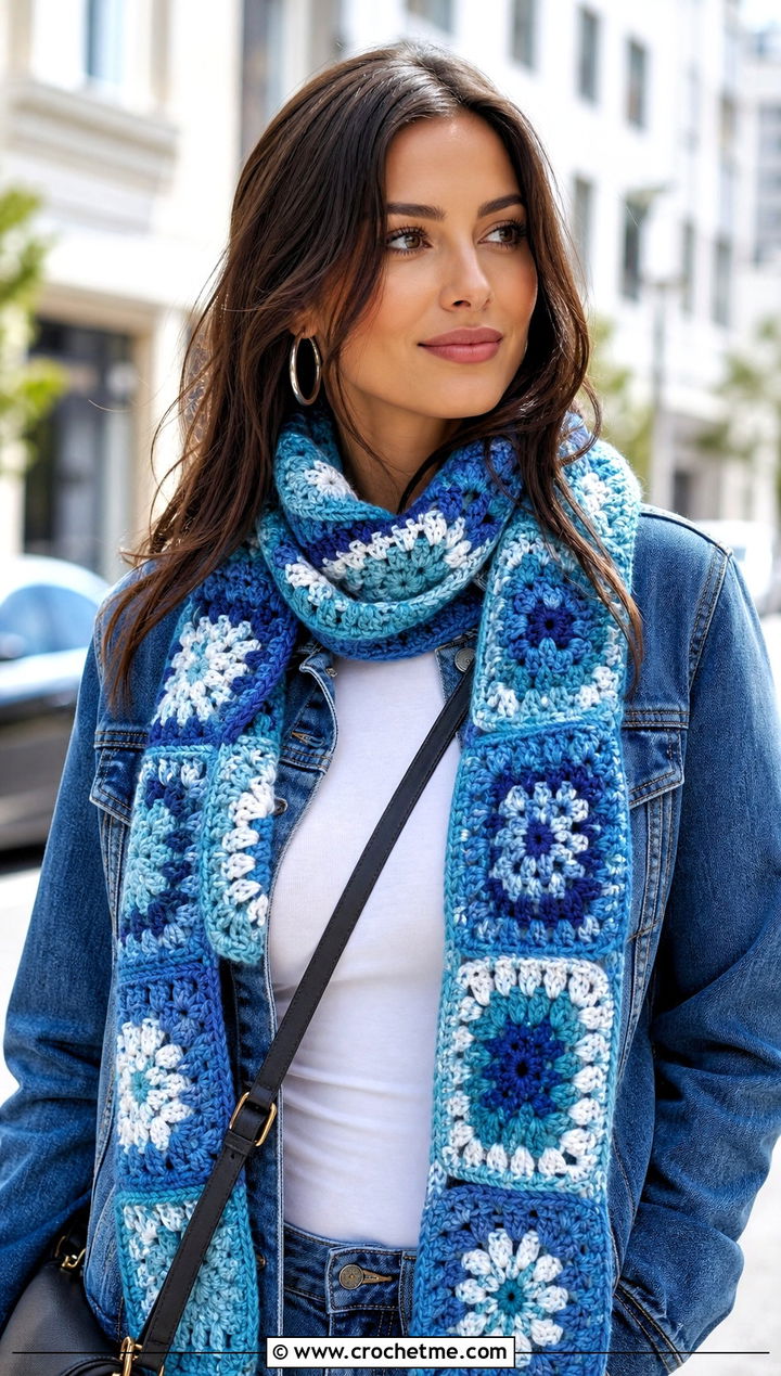 Classic Granny Square Scarf With White T Shirt And Jeans - 30 crochet scarf squares outfit ideas