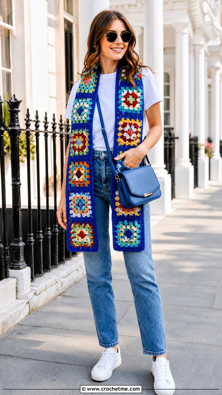 Classic Granny Square Scarf With White T Shirt And Jeans - 35 granny square scarf outfit ideas