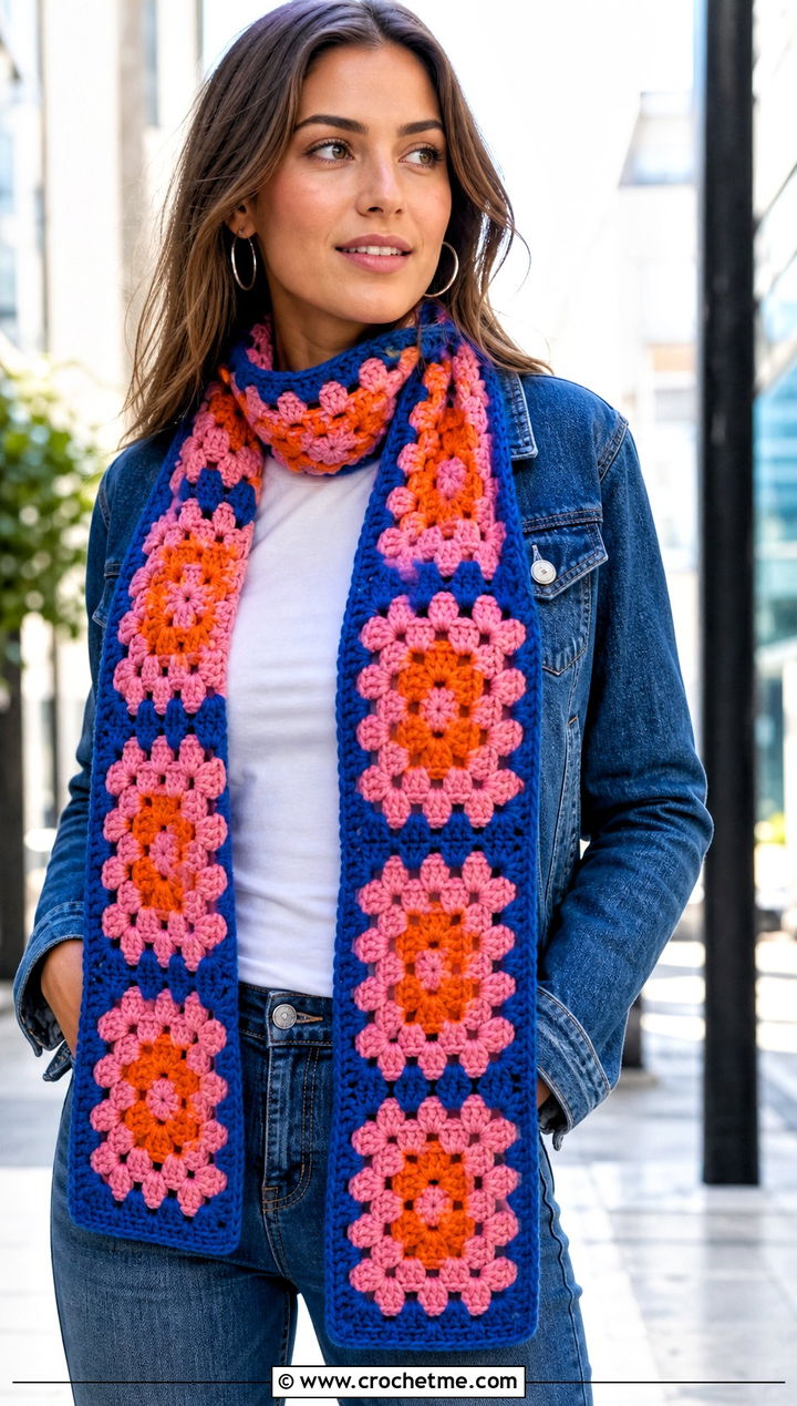 Classic Granny Square Scarf With White T Shirt And Jeans - 30 crochet granny square scarf outfit ideas