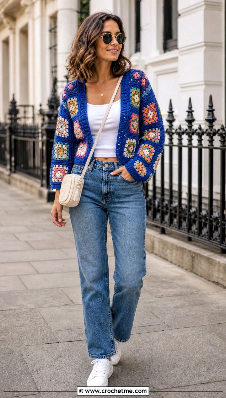 Classic Granny Square Shrug With Straight Leg Jeans - 25 Crochet Granny Shrug outfit ideas