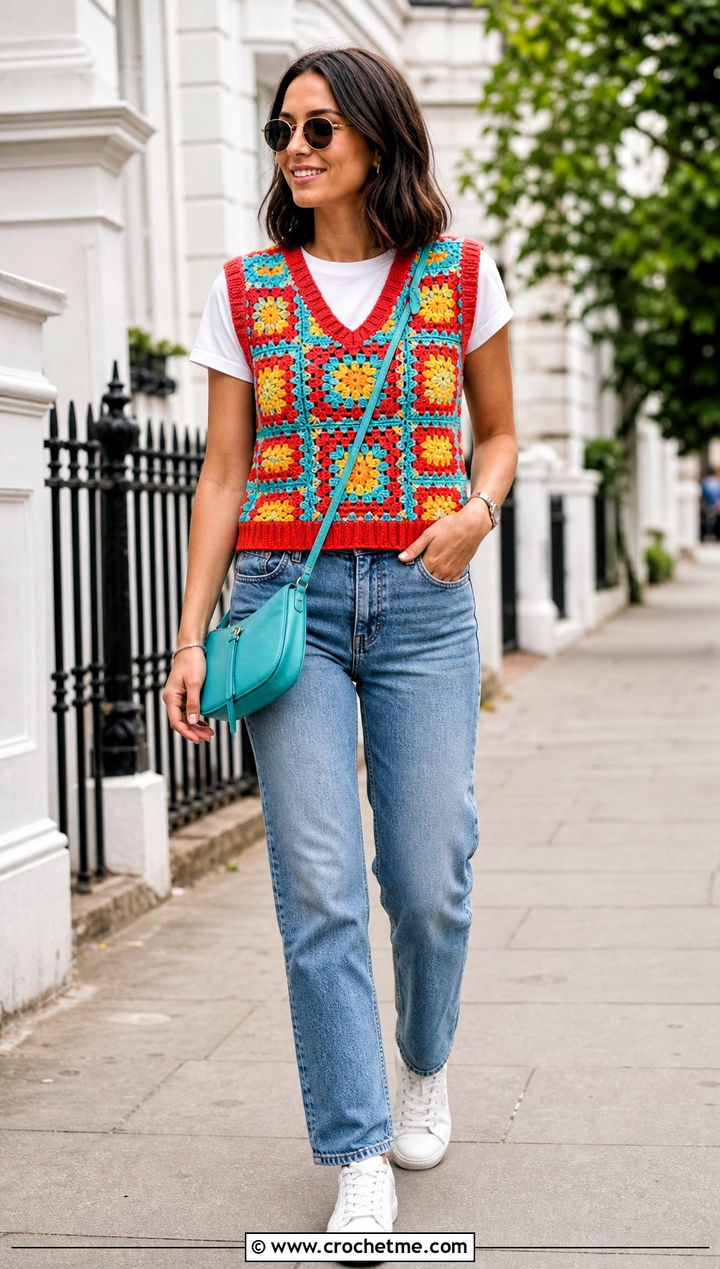 Classic Granny Square Sweater Vest With Straight Leg Jeans - 15 Crochet Granny Square Sweater Vest outfit ideas