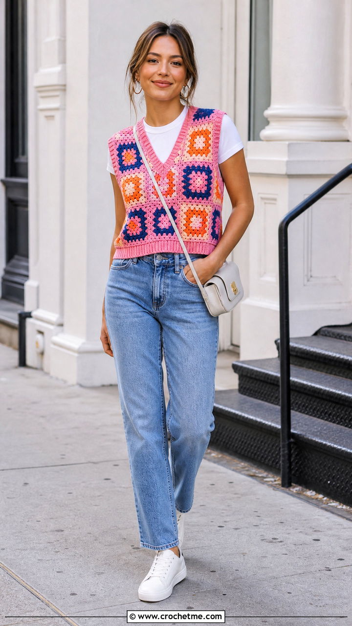 Classic Granny Square Sweater Vest With Straight Leg Jeans - 35 granny square sweater vest outfit ideas
