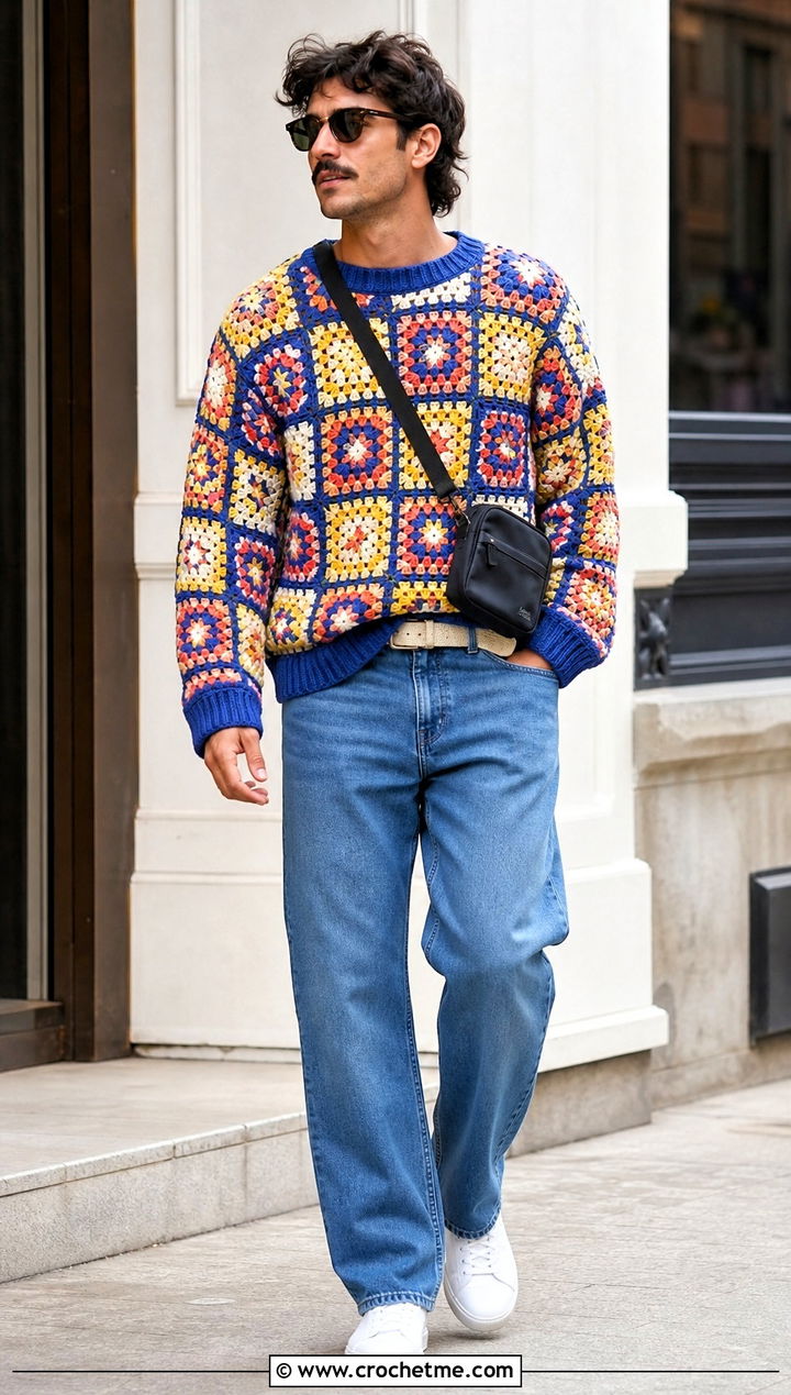 Classic Granny Square Sweater With Straight Jeans - 25 Crochet Granny Square Sweater For Men outfit ideas