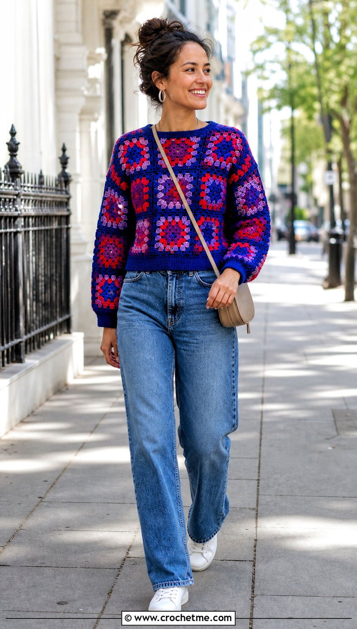 Classic Granny Square Sweater With Straight Leg Jeans - 25 Granny Squares Sweater outfit ideas