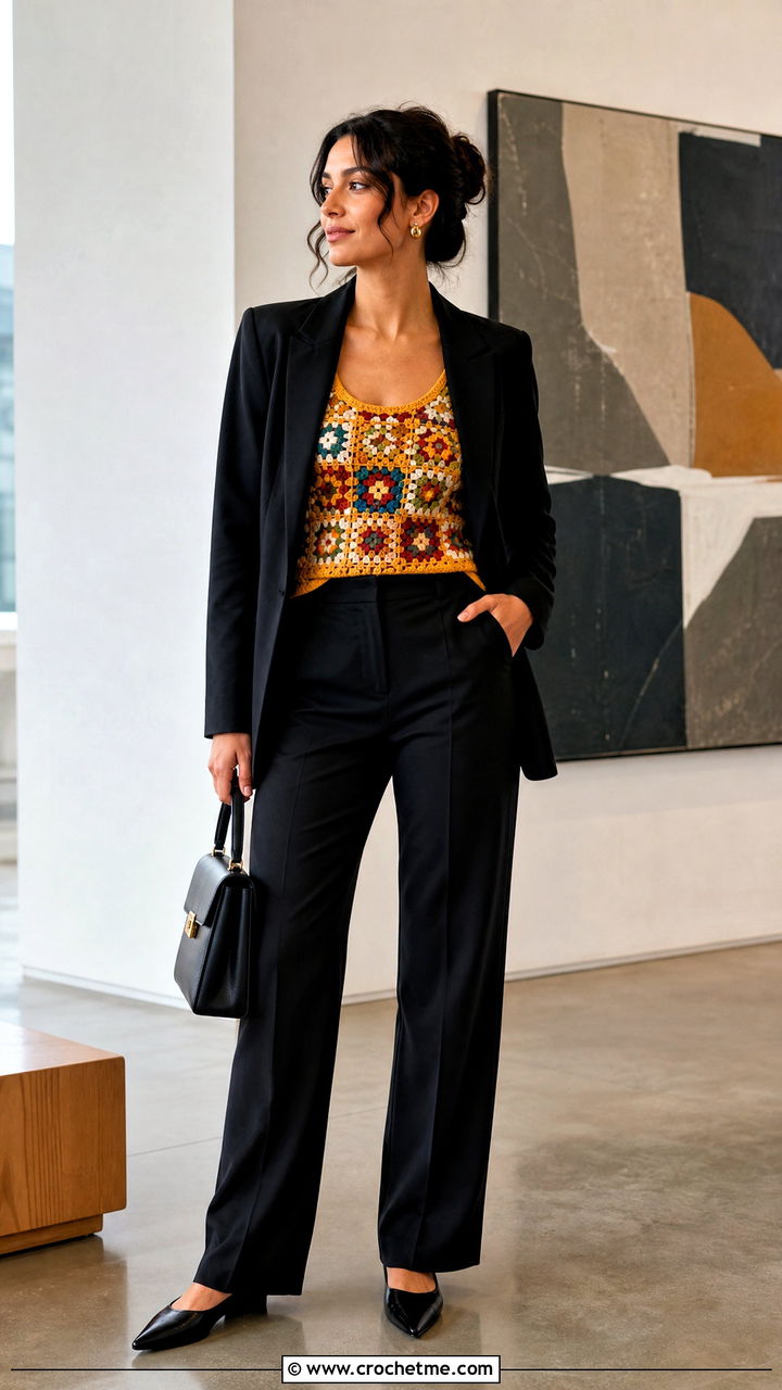 Classic Granny Square Top With Black Blazer - 35 crochet granny square tops outfit ideas