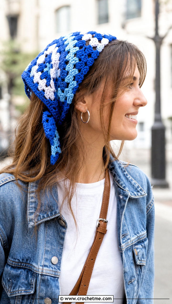 Classic Granny Square Triangle Hair Scarf With White Tee And Jeans - 25 granny square hair scarf outfit ideas