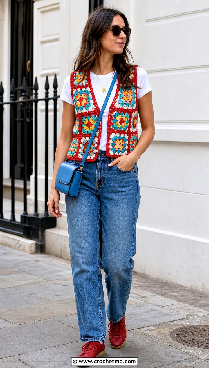 Classic Granny Square Waistcoat With Straight Leg Jeans - 35 granny square waistcoat outfit ideas
