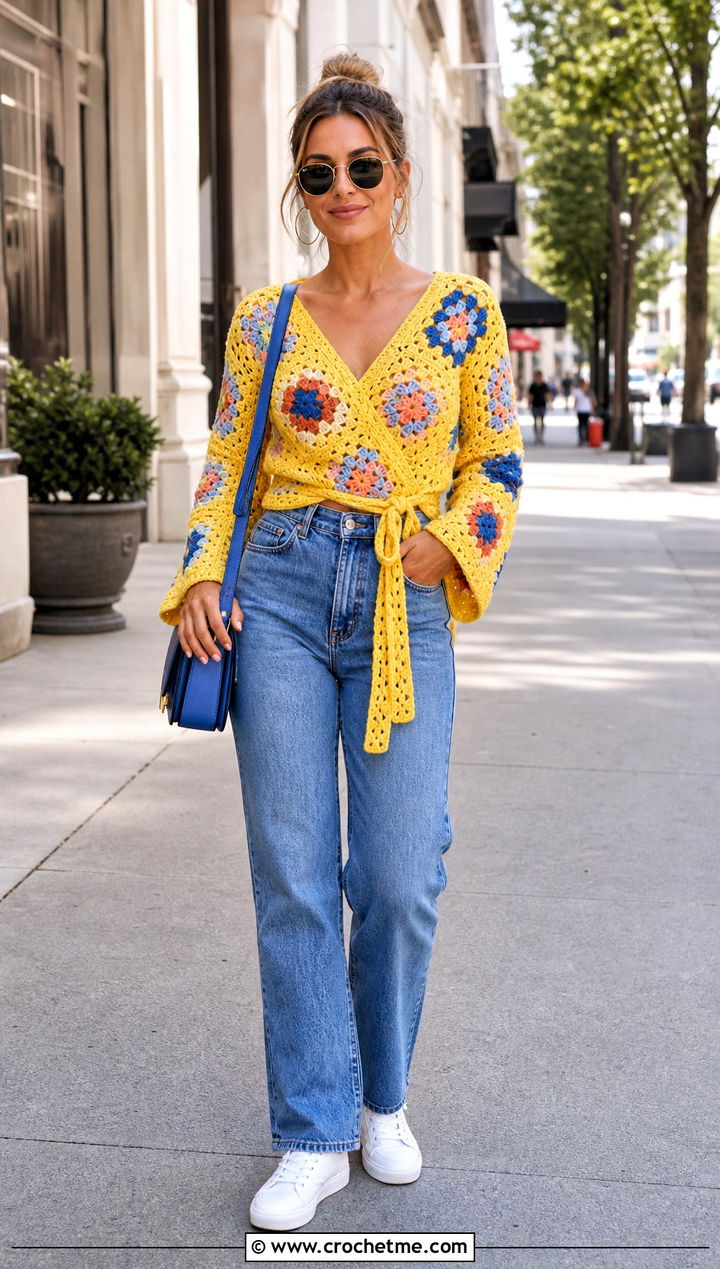 Classic Granny Square Wrap Top With Straight Leg Jeans - 35 granny square wrap top outfit ideas