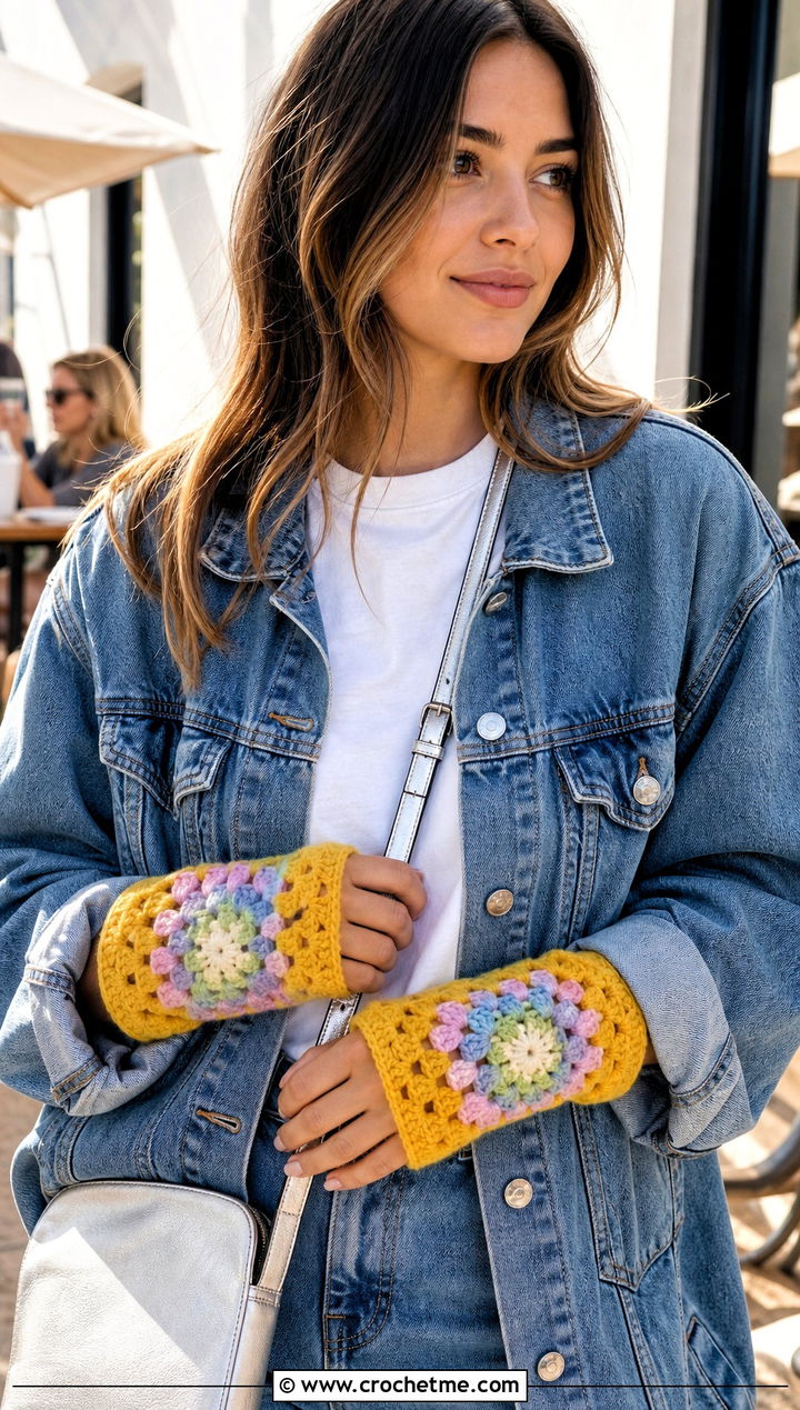 Classic Granny Square Wrist Warmers With Denim Jacket - 20 Fingerless Granny Square Gloves outfit ideas