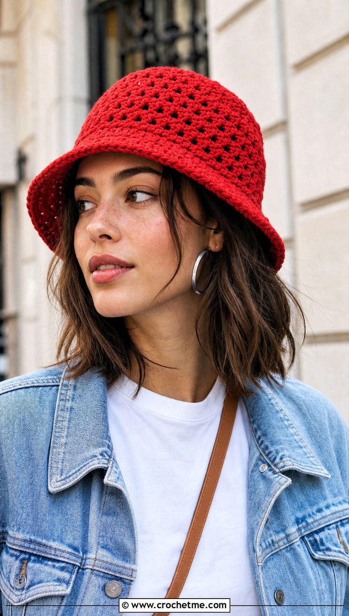 Classic Granny Stitch Bucket Hat With White Tee And Jeans - 30 crochet granny stitch bucket hat outfit ideas