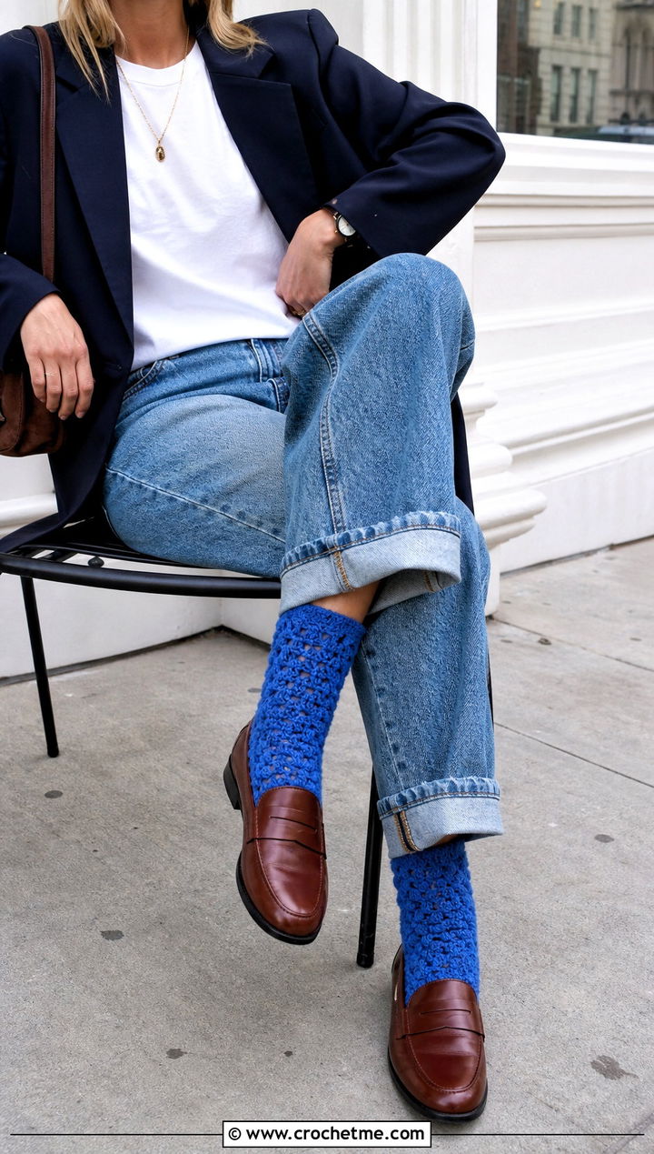 Classic Granny Stitch Crew Socks With Straight Leg Jeans - 25 Crochet Granny Socks outfit ideas