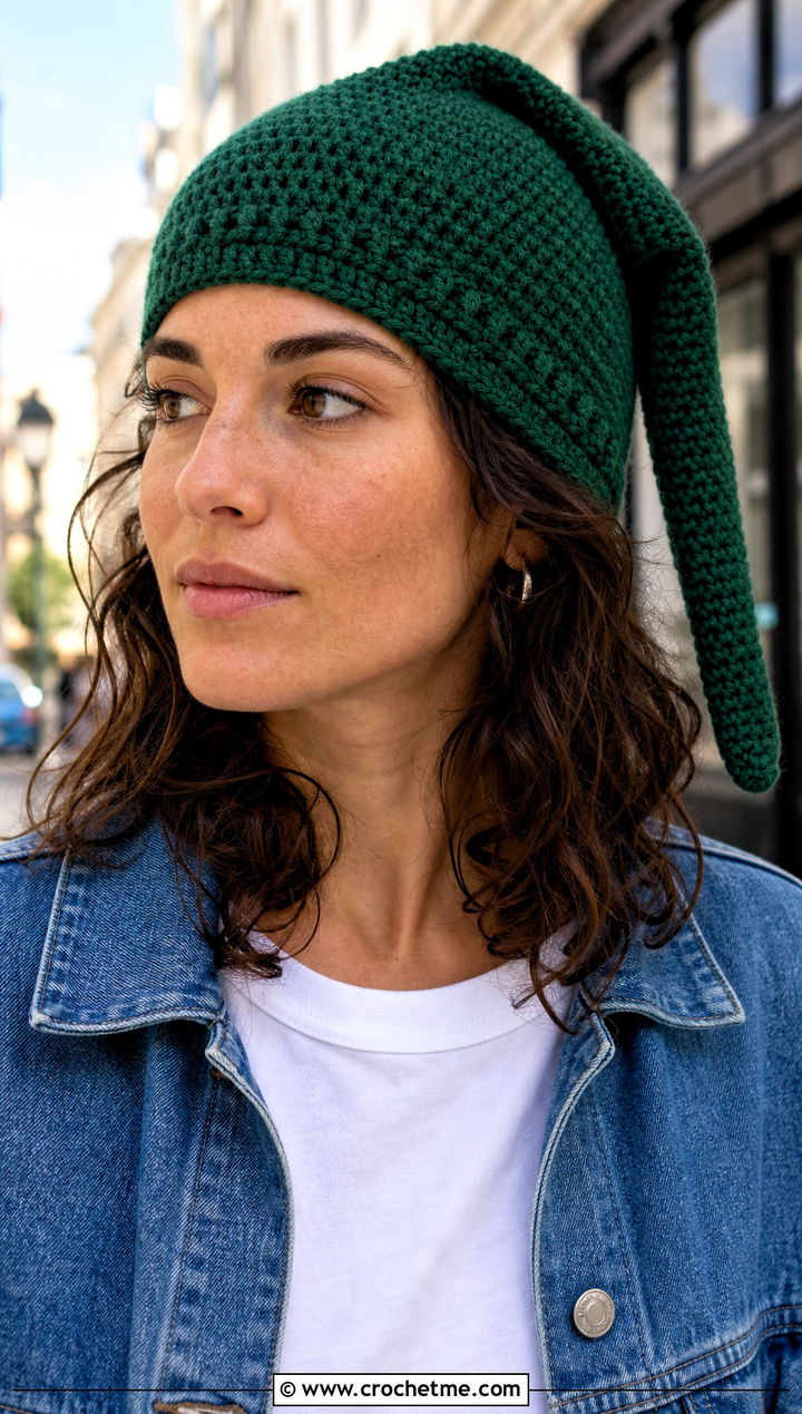 Classic Green Crochet Link Hat With Denim Jacket - 30 crochet link hat outfit ideas