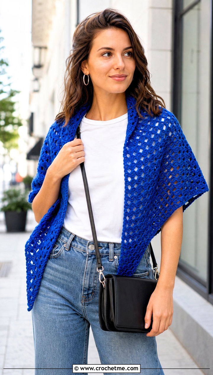 Classic Half Granny Triangle Shawl With Jeans - 30 granny square triangle shawl outfit ideas