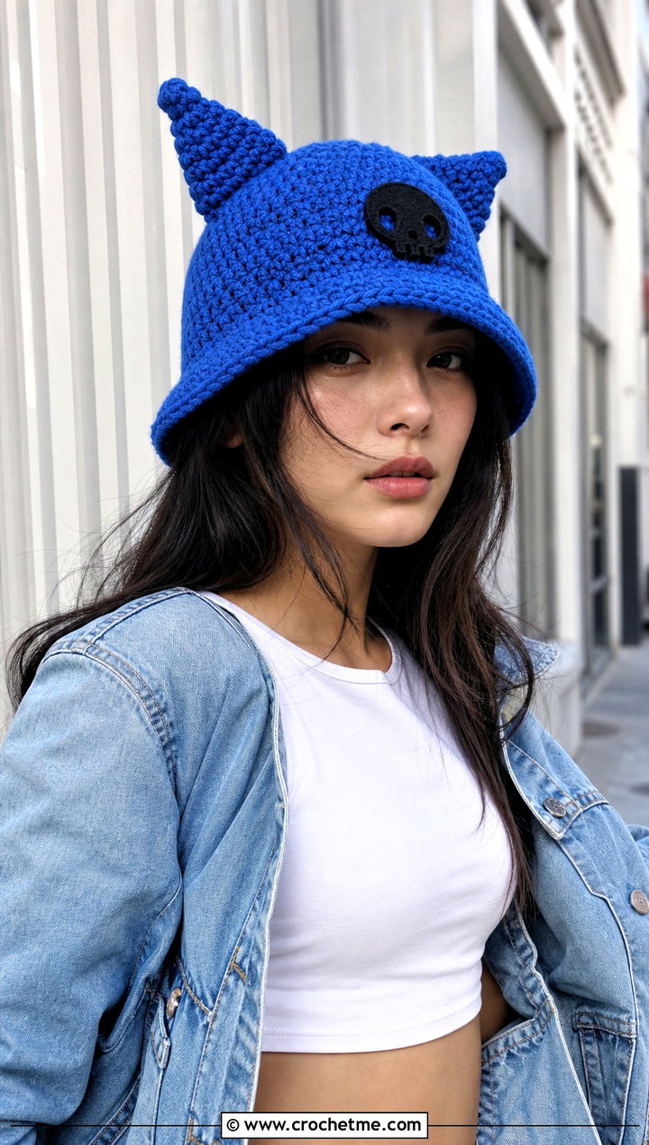 Classic Kuromi Ear Crochet Bucket Hat With Denim Jacket - 15 Kuromi Crochet Bucket Hat outfit ideas