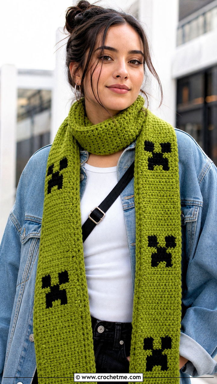 Classic Long Creeper Scarf With Denim Jacket - 15 minecraft creeper crochet scarf outfit ideas