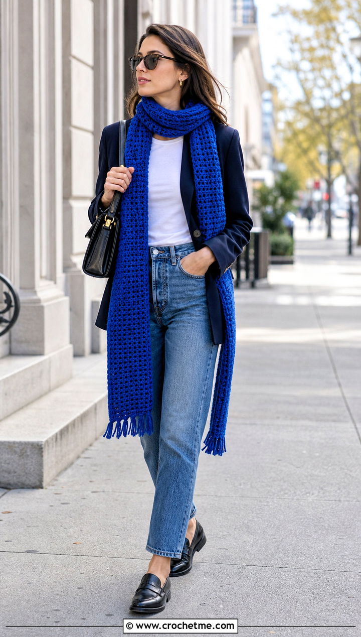 Classic Long Crochet Scarf With Jeans And Blazer - 35 easy crochet scarf for beginners outfit ideas